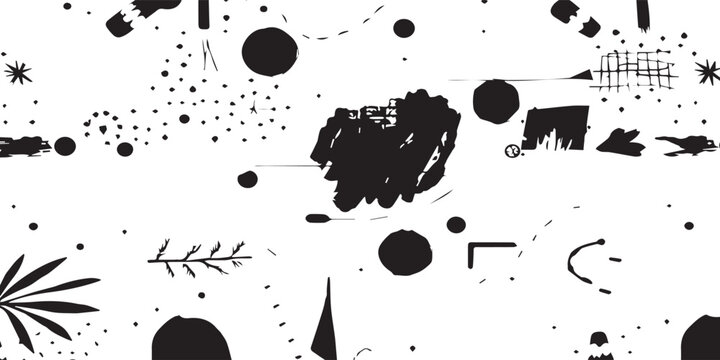 Abstract black and white geometric ink shapes.