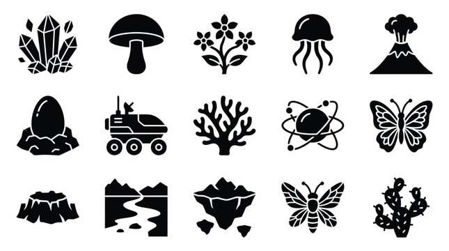 Collection of diverse nature and science icons in silhouette style.
