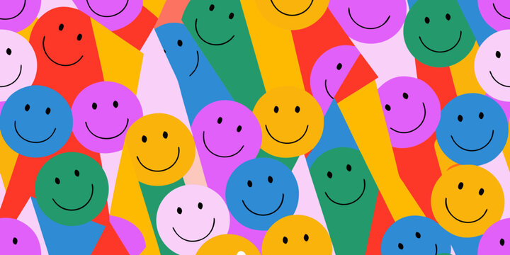 Seamless pattern of colorful smiley faces with simple black curved lines on vibrant backgrounds