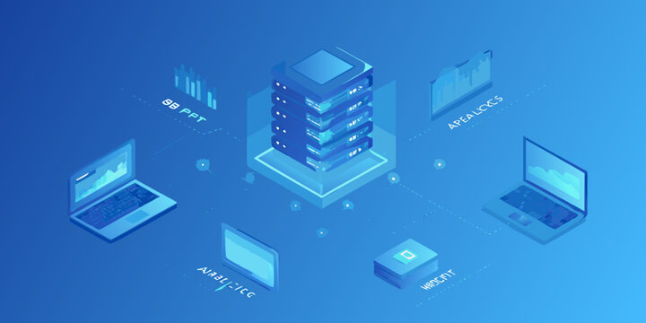 Isometric software development illustration with server laptops and data analytics graphics high quality professional detailed