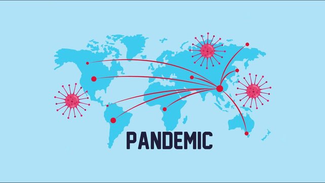 Global pandemic spread animation with world map and virus particles motion graphics clip.