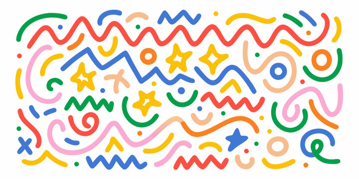 Colorful doodle art pattern with overlapping lines shapes and stars on a white background
