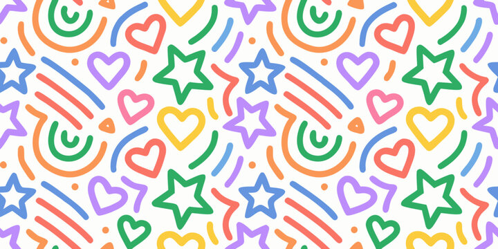 Colorful pattern of hearts stars squiggles and hooks on a white background high quality professional