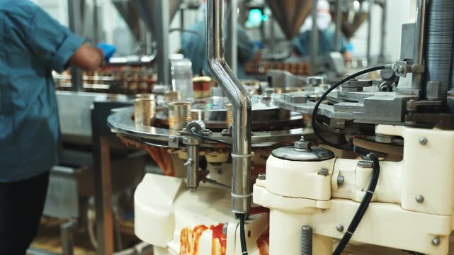 Close-up, automated conveyor belt machine with sardine fish filling in can, preparing for nourishment food production industry, chilled and sterile hygiene warehouse, manufacturing factory process.