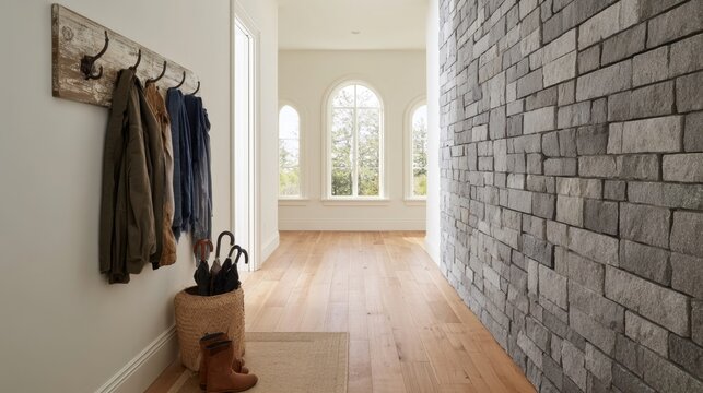 Modern hallway interior with stone accent wall, wooden floor, natural light, coat hooks with jackets and scarf, umbrella, woven basket, and boot near doorway