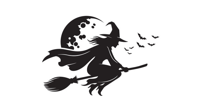 Black silhouette of a witch flying on a broomstick