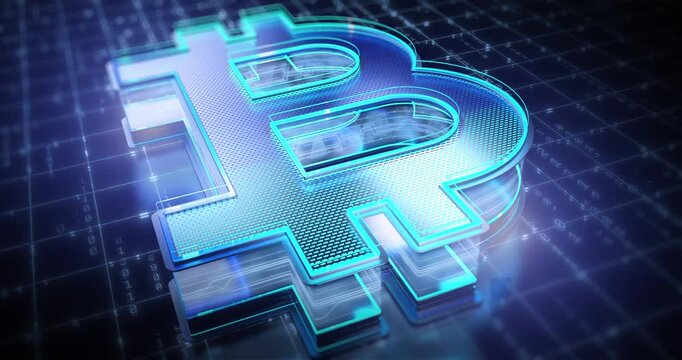 Closeup futuristic bitcoin emblem glows with blue neon lighting on a digital circuit surface.