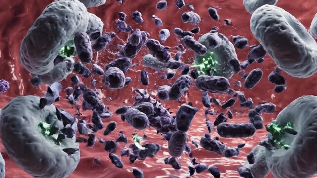 Ultra detailed macro 3D animation of microscopic immune battle white blood cells surrounding and destroying aggressive bacteria glowing pulses swirling fluid debris cinematic scientific lighting epic 