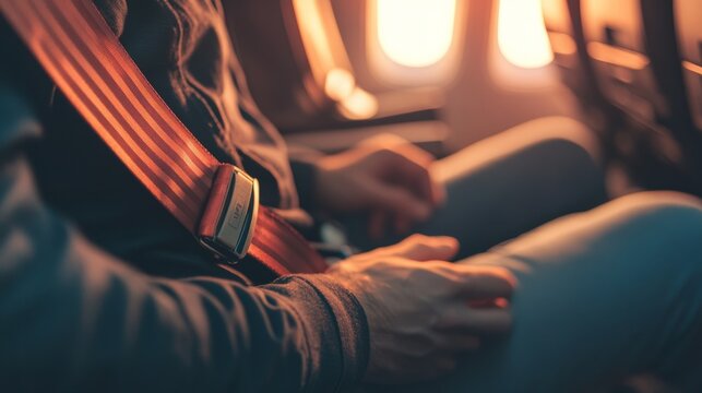 A person adjusting their seatbelt on an airplane. generative ai
