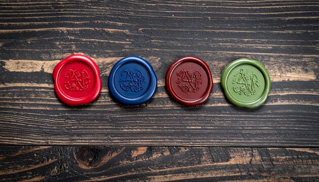Four colored wax seals with monograms on wooden surface
