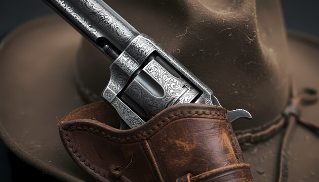 彫刻が施されたアンティークリボルバーと革製ホルスター / Engraved antique revolver in leather holster on cowboy hat