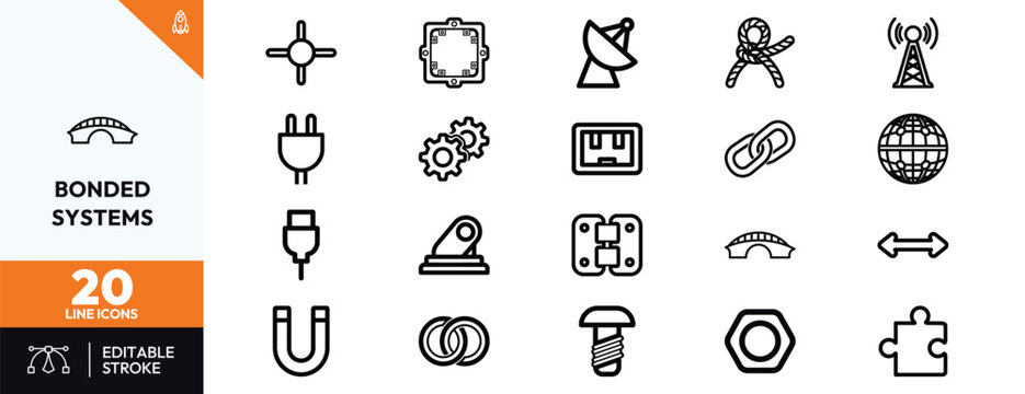 Bonded systems icons line art set monochrome symbols for technology dashboards presentations and UI design