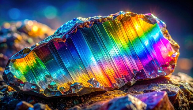 Multicolored mineral crystal under polarized light showing birefringence patterns
