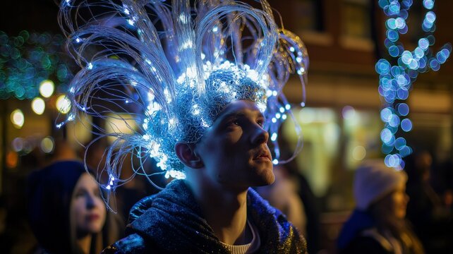 As the performer navigates an out-of-focus festive landscape, a dazzling LED headgear with cascading programmable lights is sharply focused.