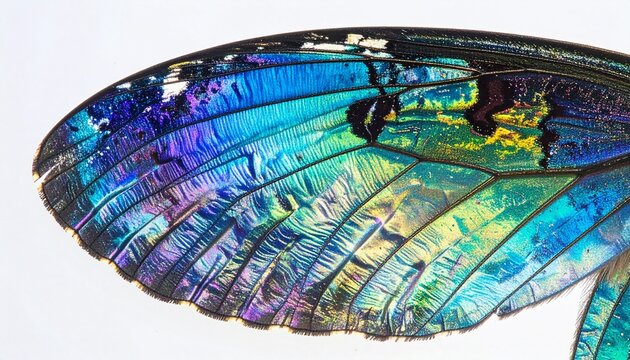 Close-up of iridescent butterfly wing scales under electron microscope with color enhancement