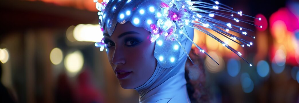 As the performer navigates an out-of-focus festive landscape, a dazzling LED headgear with cascading programmable lights is sharply focused.