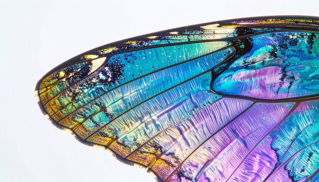 Close-up of iridescent butterfly wing scales under electron microscope with color enhancement