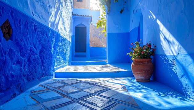 Blue painted alley with potted flowers in sunlit North African medina