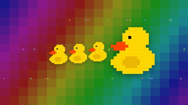 Pixel art illustration of a mother duck and three ducklings waddling across a vibrant, rainbow-colored, blocky background.