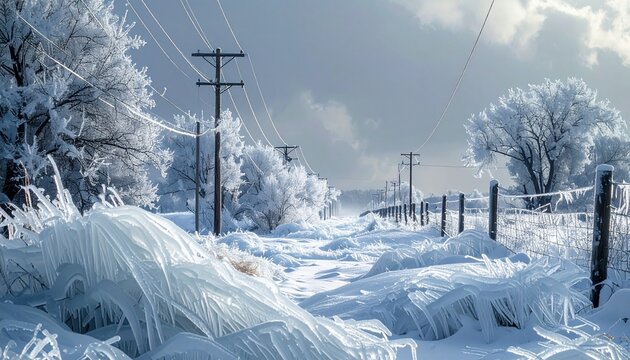 Snow-covered rural road with power lines and icy trees during winter storm