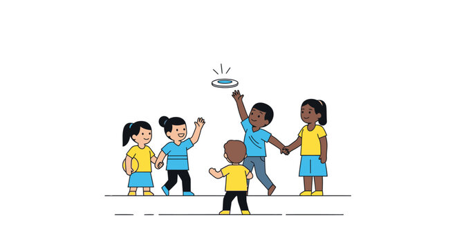 Diverse children playing together outside.