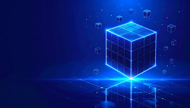 Futuristic blue glowing data cube with binary textures floating over a reflective digital surface