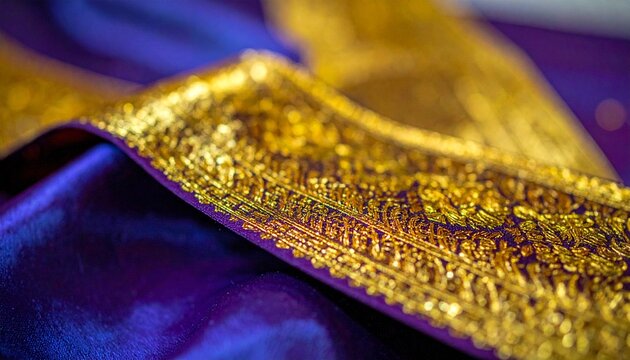 Gold zari embroidered border on purple silk fabric with intricate weaving detail