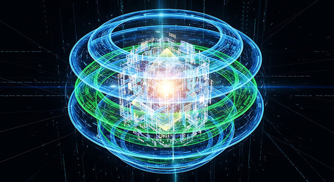 Quantum computing core floating in space surrounded by multiple glowing blue and green energy rings
