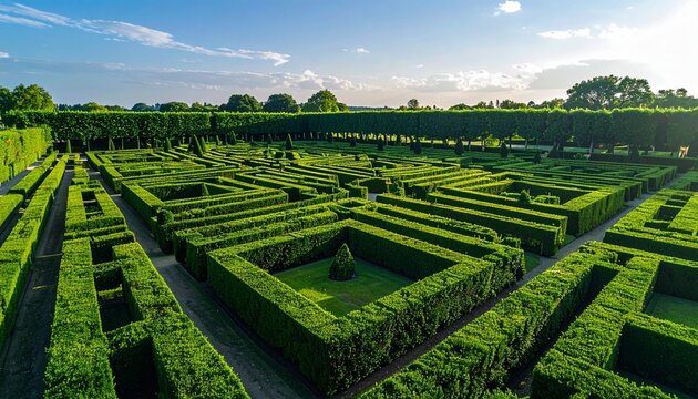 Aerial view of geometric formal garden with manicured hedges and symmetrical patterns