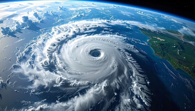 Tropical cyclone spiral with eye viewed from space over land and ocean
