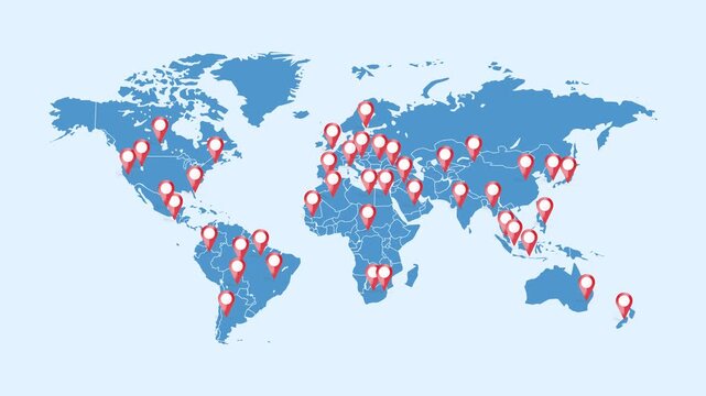 Animation of a blue world map vector illustration with numerous red location pin pointers popping up across different continents on a light blue background.