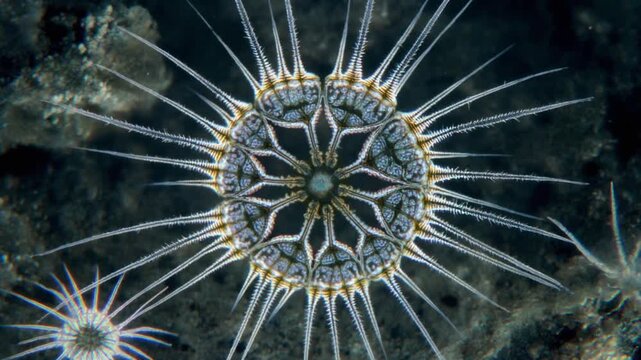 Dazzling Radiolarian microscopic organism with intricate radial symmetry, pulsating with life in deep ocean, symbolizing natural complexity