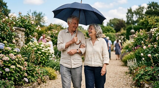 Elderly couple walking arm in arm under a large umbrella in a beautiful blooming garden on a sunny day