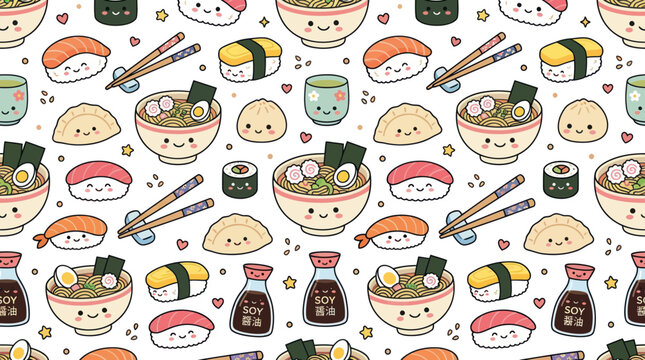 Kawaii Japanese Food Seamless Pattern with Cute Sushi, Ramen, Dumplings, Chopsticks - Vector Food  Drink Art