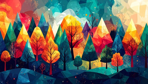 Vibrant abstract forest landscape with colorful geometric trees at dusk