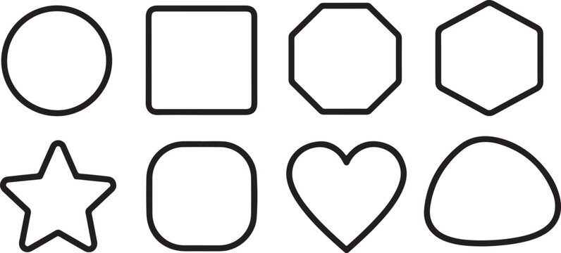 Simple geometric line art shapes circle square hexagon triangle star heart starburst lightning bolt Vector