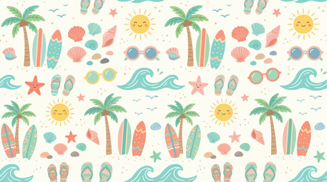 Cute Summer Beach Seamless Pattern Illustration with Tropical Palms, Surfboards, and Ocean Elements