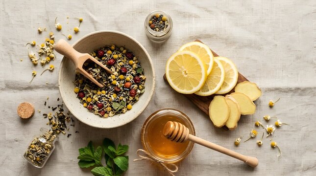 Herbal tea ingredients with honey lemon and ginger top view
