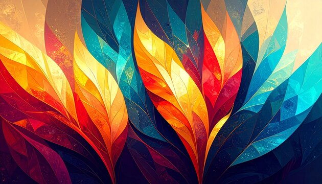 Vibrant abstract feathers formed by layered geometric polygons in gradient colors