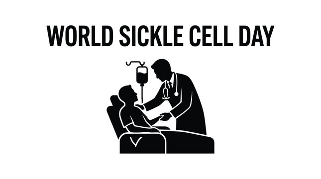 Black graphic illustration depicting a doctor treating a patient during the world sickle cell awareness day