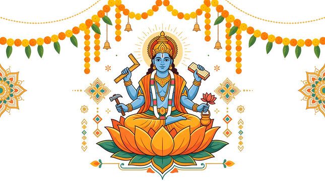 Lord Vishnu seated on a lotus flower holding divine weapons.