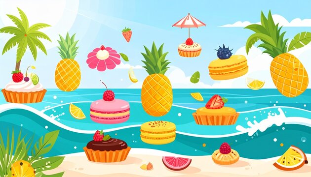 Tropical fruit and desserts floating over turquoise ocean in summer fantasy illustration