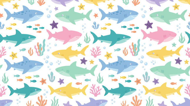 Seamless Pattern with Cute Cartoon Sharks, Starfish, and Underwater Flora
