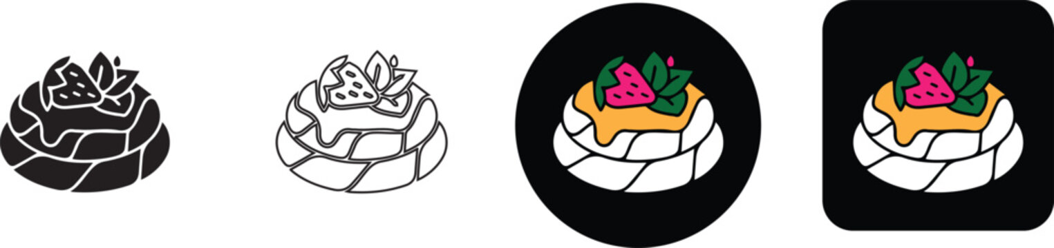 Meringue pavlova cake dessert with strawberry topping vector icon set for pastry shop