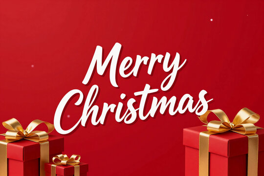 Red background with falling snowflakes. Three red gift boxes with gold ribbons.