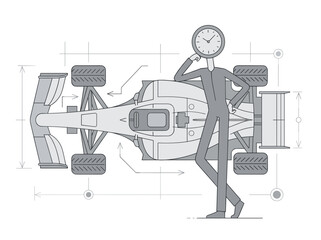Fototapeta premium Formula Race Car Blueprint with Engineer Character