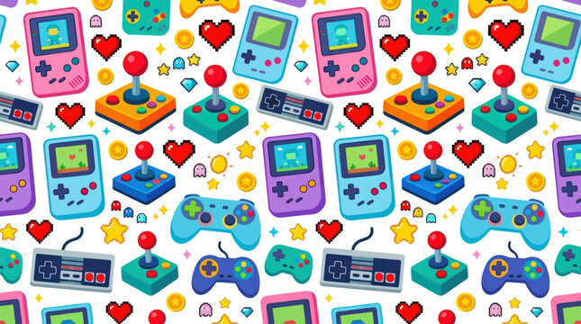 Retro Video Game Industry Seamless Pattern with Flat Style Cartoon Controllers and Handheld Consoles