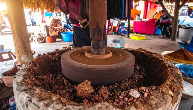 Traditional cacao grinding on stone metate in open-air market