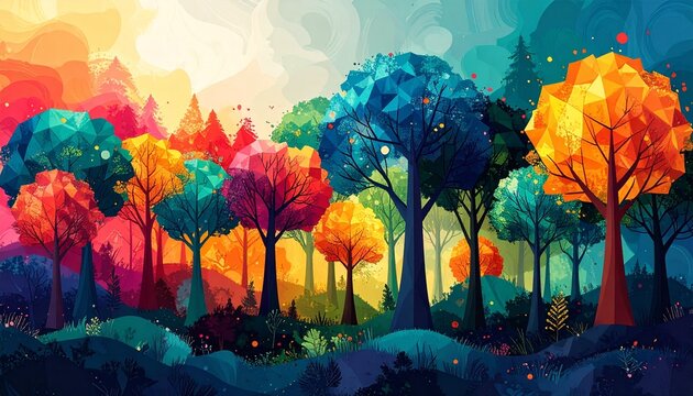 Vibrant abstract forest landscape with glowing colorful trees at sunset