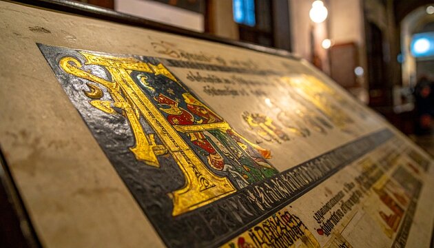 Gilded illuminated manuscript initial letter on aged vellum with intricate design